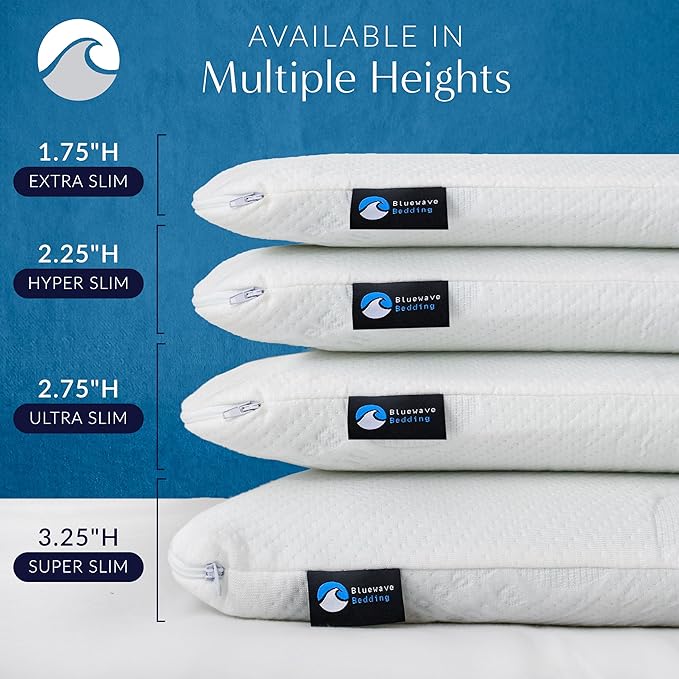 Bluewave Bedding Hyper Slim Gel Memory Foam Pillow for Stomach and Back Sleepers - Thin, Flat Design for Cervical Neck Alignment and Deeper Sleep (2.25-Inches Height, King Size)