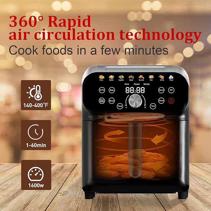 6QT Air Fryer Oven with LED Digital Touchscreen, 12 Preset Cooking Functions Air fryers, Bake, Reheat, Keep Warm, Nonstick and Dishwasher-Safe Basket, Stainless Steel/Black
