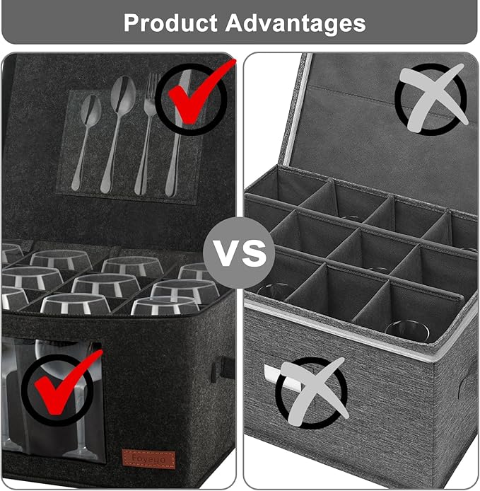 2 Pack Wine Glass Storage Box with Dividers, Stemware Storage Containers for Packing and Moving, China Storage Containers Box for 12 Crystal Glassware, Wine Glasses, Drinkware,Dark Gray