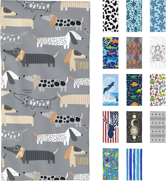 Beach Towel Oversized, Cute Dachshund on Grey Microfiber Beach Towels, Lightweight, Absorbent, Quick Dry, Sand-Free Beach Blanket, Unique and Ideal Gift for Camping, Pool,Yoga, 29.5” X 59”