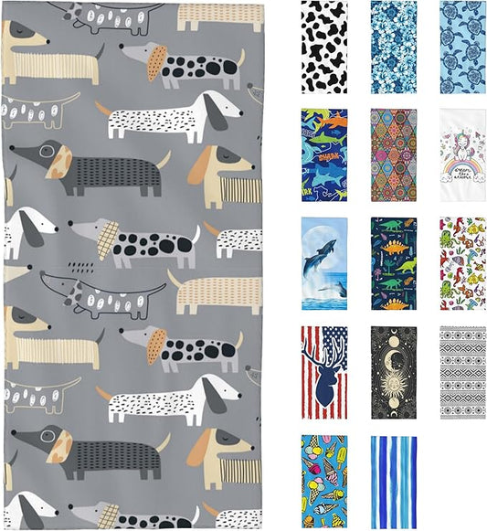 Beach Towel Oversized, Cute Dachshund on Grey Microfiber Beach Towels, Lightweight, Absorbent, Quick Dry, Sand-Free Beach Blanket, Unique and Ideal Gift for Camping, Pool,Yoga, 29.5” X 59”
