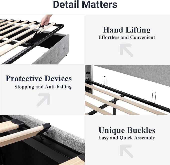 Allewie Full Size Lift Up Storage Bed, Button Tufted Headboard with Wingback, Hydraulic Support, No Box Spring Needed, Light Grey