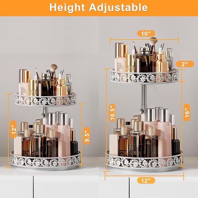 2 Tier Lazy Susan Organizer Turntable Adjustable,12 Inch Two Tier Lazy Susan Metal Easy Assembly Cleaning, Rotating Spice Rack Organizer for Cabinet Dining Table Kitchen Countertop White