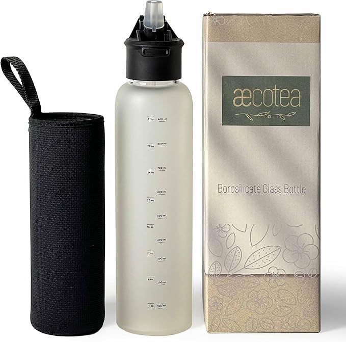 32 oz Motivational Glass Water Bottle with Straw Lid and Neoprene Sleeve | Sport Water Bottle with Measurements (Black)