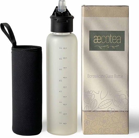 32 oz Motivational Glass Water Bottle with Straw Lid and Neoprene Sleeve | Sport Water Bottle with Measurements (Black)