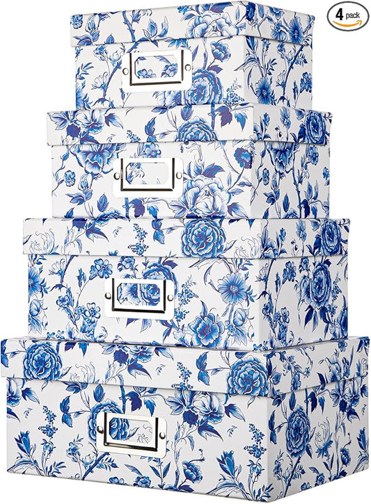 Briful Decorative Photo Storage Boxes with Lids, Set of 4 – Blue and White Porcelain Pattern, Nested Card Storage Box Organizer, Decorative Paperboard Box for Closet, Office, Gifts