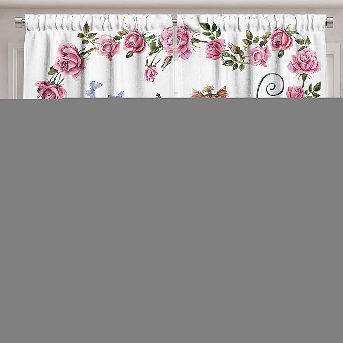 Ambesonne Yorkie Kitchen Curtains, Yorkshire Terrier in Pink Dress Having a Tea Party Tea Time Butterflies Roses, Window Drapes 2 Panel Set for Kitchen Cafe Decor, 55" x 39", Pink White