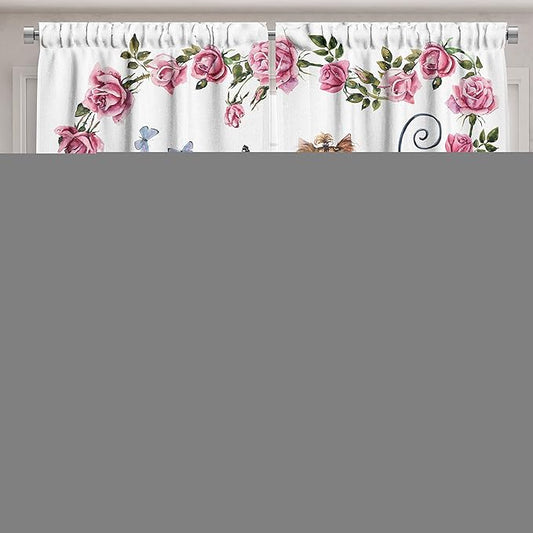 Ambesonne Yorkie Kitchen Curtains, Yorkshire Terrier in Pink Dress Having a Tea Party Tea Time Butterflies Roses, Window Drapes 2 Panel Set for Kitchen Cafe Decor, 55" x 39", Pink White