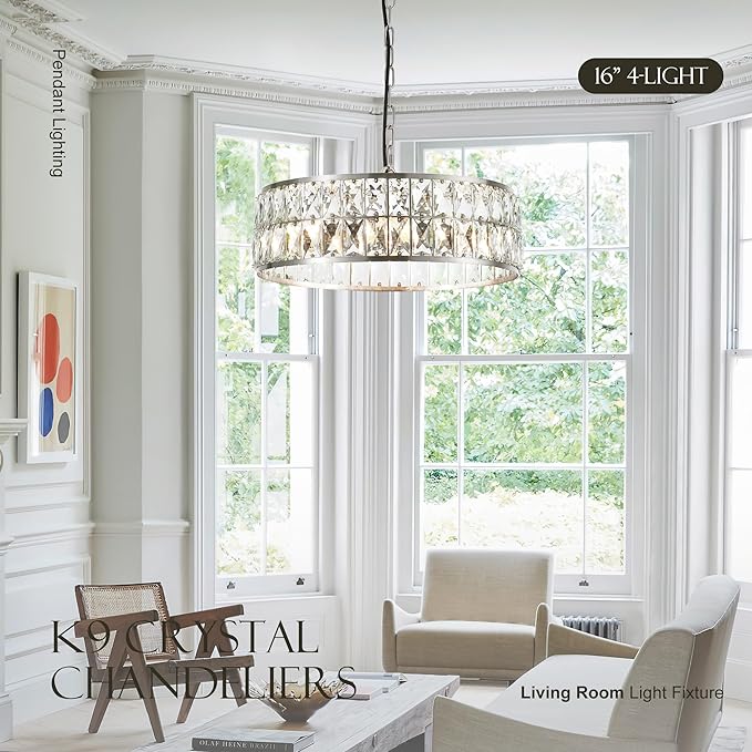 16” 4-Light Modern Crystal Chandeliers Nickel Dinning Room Light Fixture, Round Pendant Light Kitchen Island Chandelier, Flush Mount Ceiling Light for Living Room Entryway Bedroom Foyer