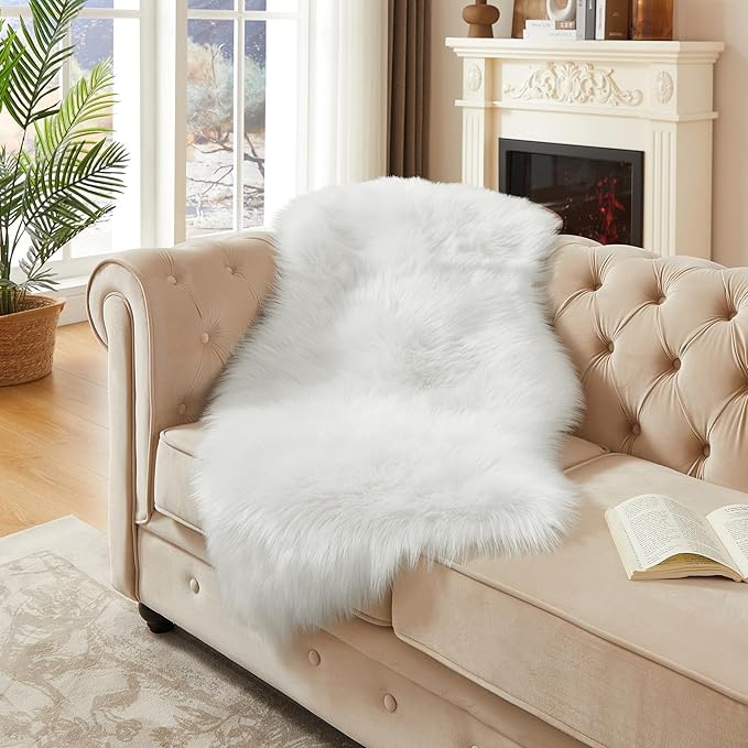 AMTOVO Faux Fur Rug, White Area Rug, Fluffy Sheepskin Rug, Fuzzy Ultra Soft 2 x 4 ft Shag Rugs for Bedroom Sofa Throw Cushion Room Decor, Sheepskin