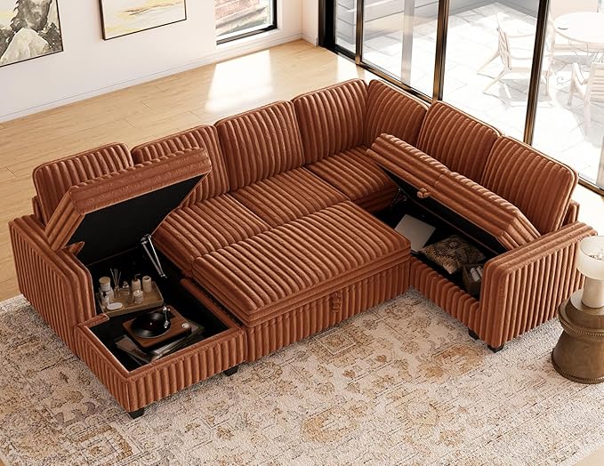 Belffin Corduroy Sleeper Sofa Bed with Storage Chaise Modular Sectional Sofa Couch with Pull Out Bed L Shaped Sectional Couches for Living Room Brick Red Couch