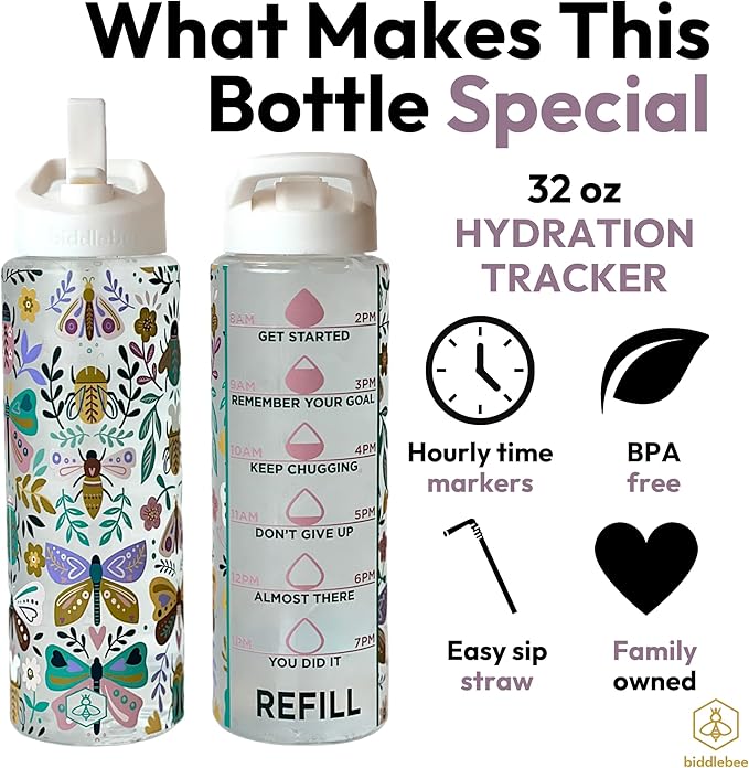 Biddlebee 32oz. Hydration Tracker Water Bottles with Times To Drink | Big Motivational Water Bottle with Time Marker, Straw Lid, & Measurements | BPA-Free (Garden Insects)