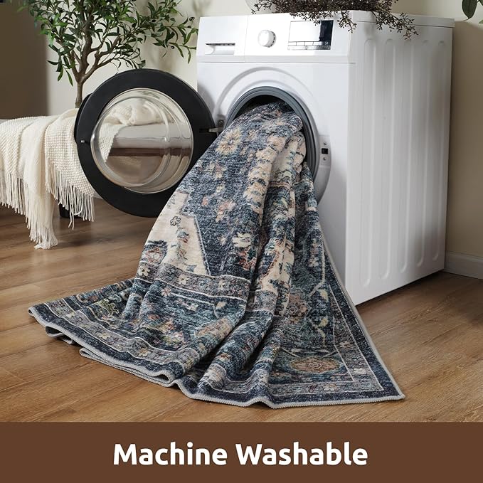 AMOAMI-3X5 Area Rug-Soft Washable Vintage Throw Accent Rugs for Living Room, Entryway, Bedroom, Kitchen, Bathroom, Laundry Room, Kitchen, Bathroom, Bedside, No Slip Blue