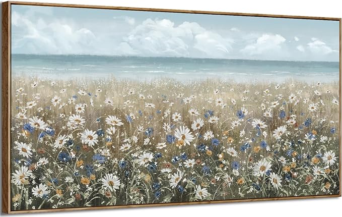 amatop Oversized Wall Art for Living Room Extra Large Farmhouse Boho Framed Beach Coastal Vintage Ocean Floral Canvas Print Daisy Flowers Sea Wall Picture Neutral Nautical Artwork Bedroom Office Decor