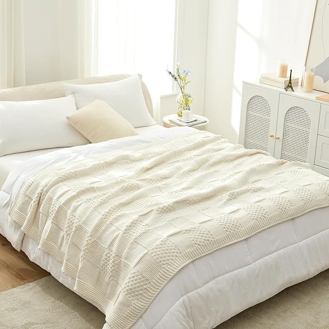 Amélie Home Chenille Knit Throw Blanket for Couch, Checkered Texture Decorative Soft Blanket for Sofa, Bed & Living Room, 50"x60", Ivory