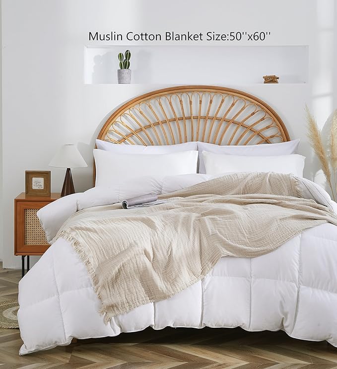 100% Cotton Muslin Throw Blanket for Bed, Couch, Small, Decorative, Soft, Pre-Washed, Breathable and Lightweight Gauze Blanket with Tassels, Suitable for All Seasons, Beige, 50"x60"