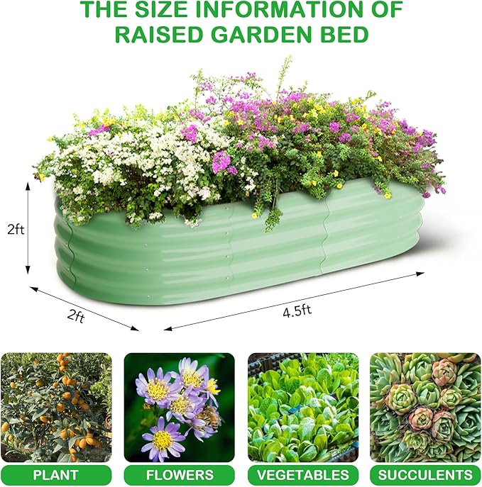 2 Pcs 4.5x2x2ft Oval Raised Garden Bed, Galvanized Raised Beds,Open-Ended Base Metal Raised Planter Beds,Garden Bed Outdoor,Planter Raised Boxes for Vegetables, Flowers,Tool-Free Asse,Green