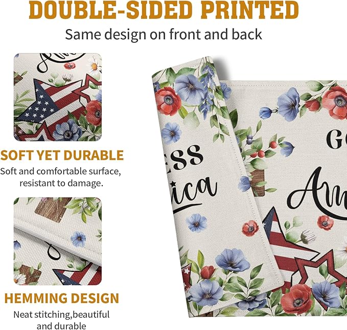 4th of July Placemats Set of 4 Patriotic Floral Cross Stars Independence Memorial Day Place Mats 12x18 Inch God Bless America Linen Fabric Table Mats for Party Kitchen Dining Decoration