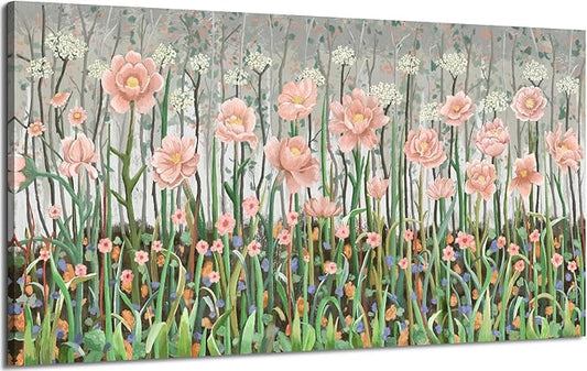 amatop Large Floral Wall Art Modern Abstract Flower Field Canvas Picture Botanical Artwork Rustic Wall Decor for Living Room Bedroom Pink Green Blooming Wildflower Forest Nature Art Print 48x24in