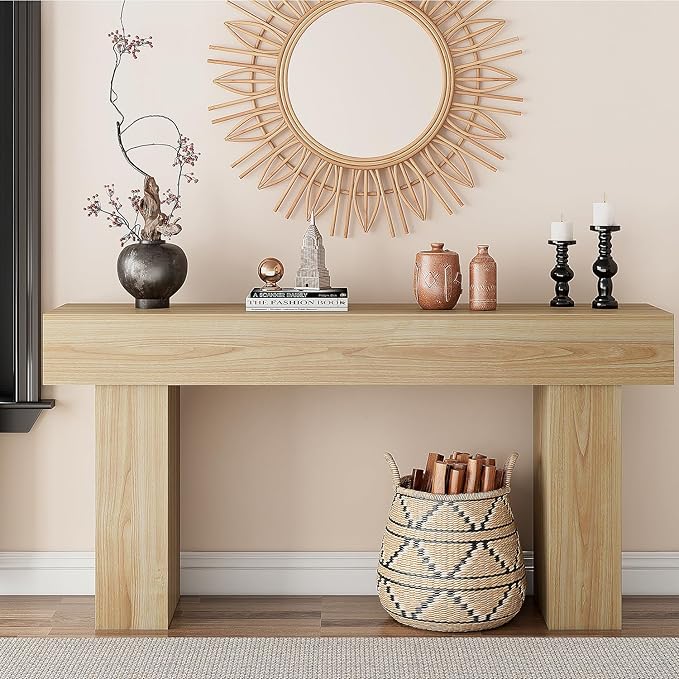 63 Inch Long Console Table for Entryway, Farmhouse Wood Rectangular Sofa Table Behind Couch Table, Narrow Entryway Table for Living Room, Entrance, Hallway, Foyer, Easy Assembly (Natural)