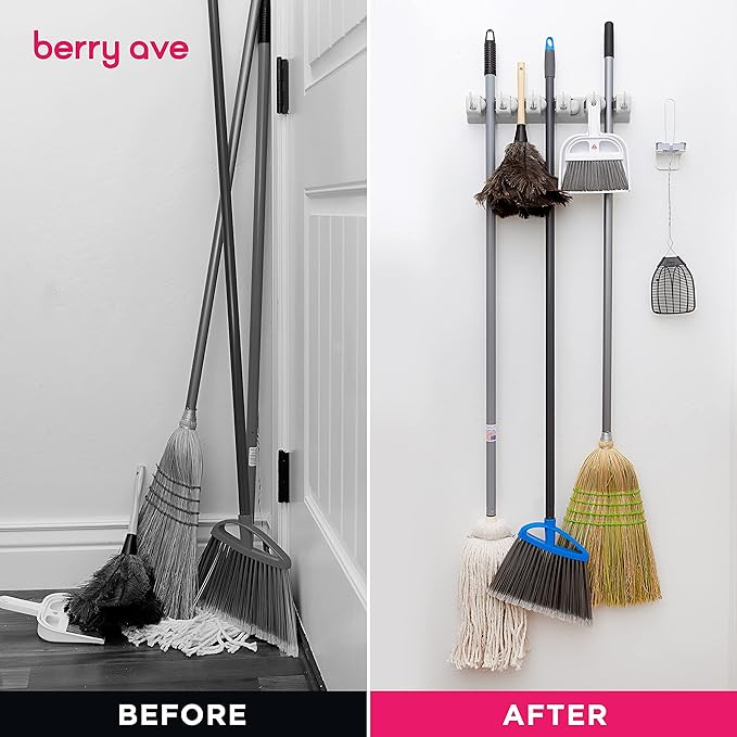 Berry Ave Broom Holder and Garden Tool Organizer Rake or Mop Handles Up to 1.25-Inches (White, 2pk)