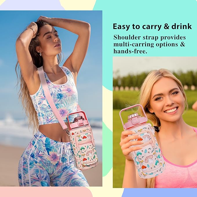 64 oz Water Bottle with Straw Sleeve & Strap Motivational Half Gallon Water Jug with Handle for Gym Women Men Aesthetic Water Bottle with Strap Mushroom Pink