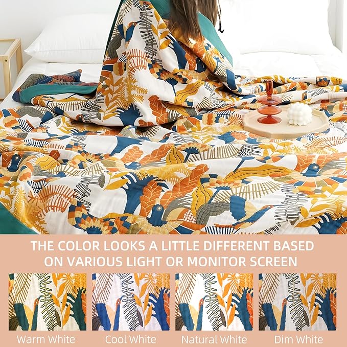 Boho Throw Blanket for Bed - 100% Pure Cotton Ultra Soft Rustic Quilt - Farmhouse Decor Bed Blankets, All Season Rustic Throw for Sofa Couch Chair(91''x 98'', Floral Bird)