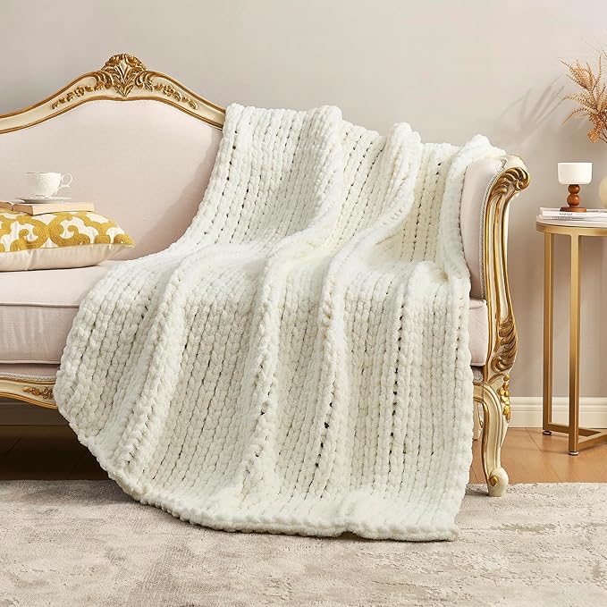 Amélie Home Chunky Knit Throw Blanket for Couch, Soft Chenille Crochet Blanket for Sofa, 50"x60", Ivory