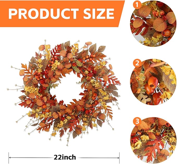 22 inch Artificial Fall Wreaths for Front Door,Autumn Wreath with Large red Berries and Fall Leaves Suitable for Indoor Outdoor Wall Porch Harvest Festival Thanksgiving Day Farmhouse Holiday Decor.