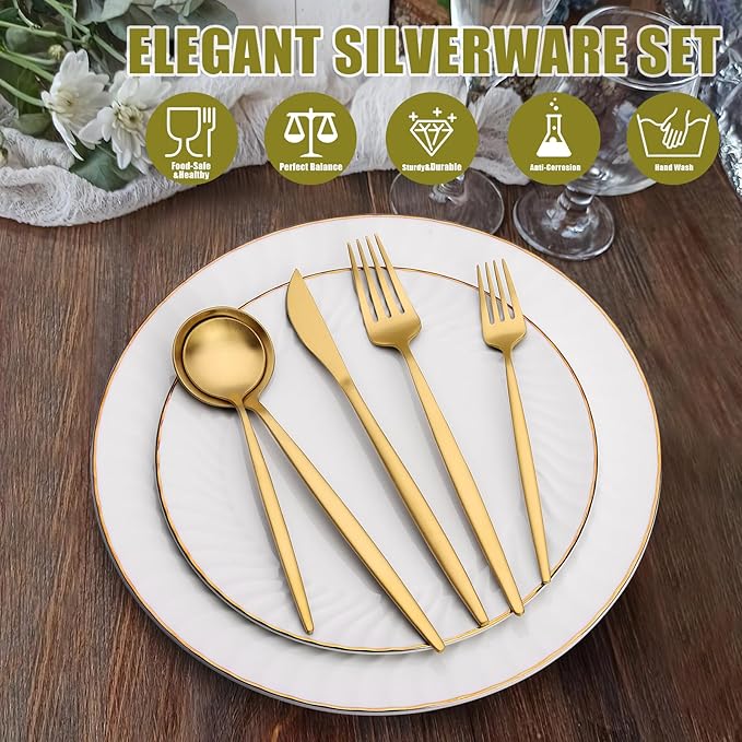 20 Piece Gold Silverware Set for 4, Terlulu Stainless Steel Flatware Set, Gold Cutlery Set Utensils Set, Tableware Include Forks Knives Spoons for Home Kitchen Restaurant Wedding, Satin Finish