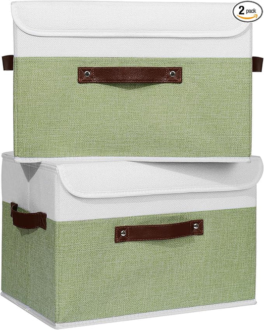 ANMINY 2PCS Storage Boxes with Lid Washable Decorative Storage Bins Basket with PU Leather Handle Foldable Linen Fabric Storage Cubes Containers for Home Closet Organizer - Green White, Large Size