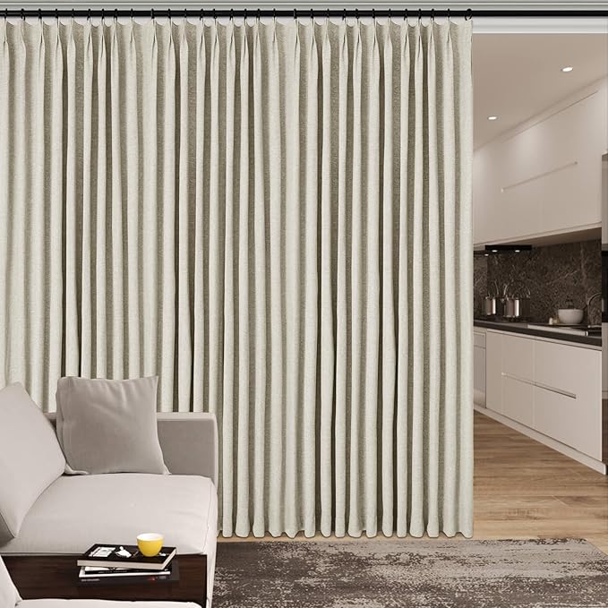 100% Blackout Linen Textured Drapes for Bedroom Pinch Pleated Curtains for Track System Portable Drapery for Sliding Glass Door/Storage/Space Room Divider, 70" Wx96 L, 1 PC, Ivory White