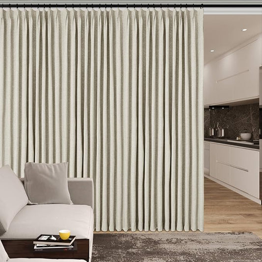 120" Wx108 L Linen Room Divider Drapes for Doorway/Glass Window/Sliding Door/Patio, Extra Wide Pinch Pleated Full Blackout Curtains for Girls Boys Teen Kids Room, 1 Panel, Ivory White
