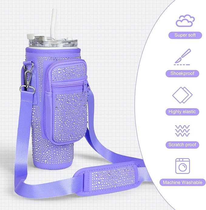 Bling Diamond Water Bottle Carrier Bag with Phone Pocket for Stanley 40/30 oz Tumbler with Card Holder,Neoprene Water Bottle Holder Pouch with Adjustable Strap for Stanley Cup Accessories