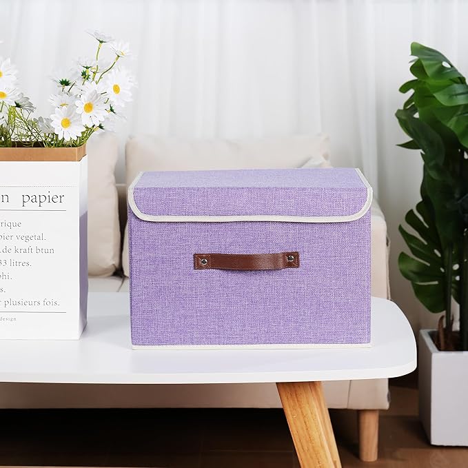 ANMINY 4PCS Storage Bins with Lid PU Leather Handles Storage Boxes PP Plastic Board Decorative Foldable Lidded Cotton Linen Fabric Home Cubes Baskets Closet Organizer Containers - Purple, Large Size