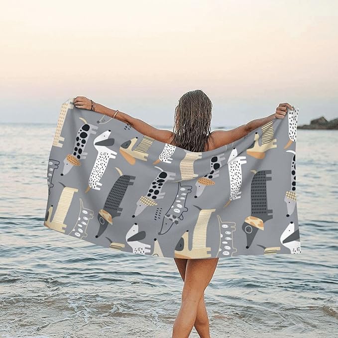 Beach Towel Oversized, Cute Dachshund on Grey Microfiber Beach Towels, Lightweight, Absorbent, Quick Dry, Sand-Free Beach Blanket, Unique and Ideal Gift for Camping, Pool,Yoga, 29.5” X 59”