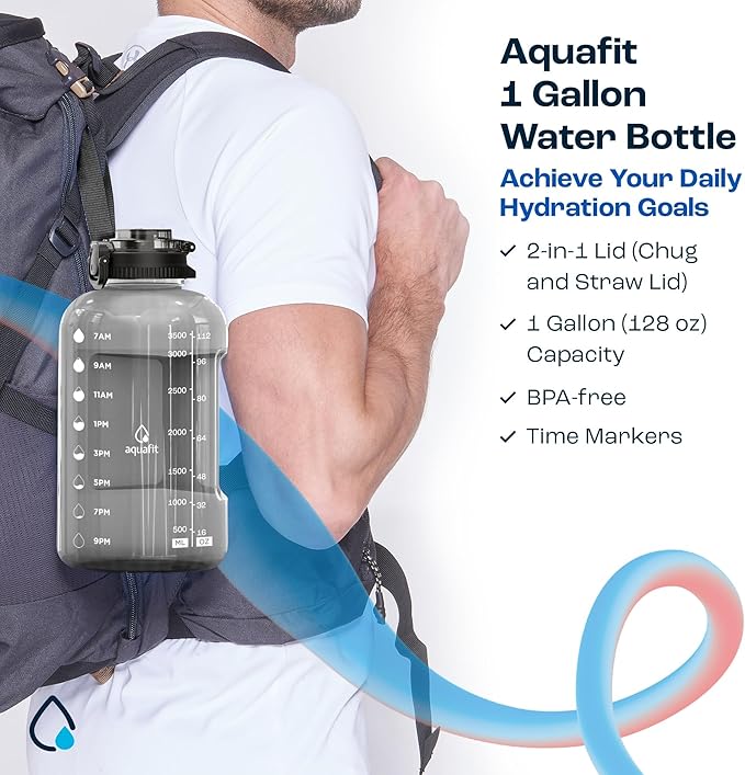 AQUAFIT 1 Gallon Water Bottle with Time Marker - BPA Free 128 oz Water Bottle with Straw, Gym Water Bottle with Handle, 1 Gallon Water Jug, Big Water Bottle, Large Water Bottle (Frosty)