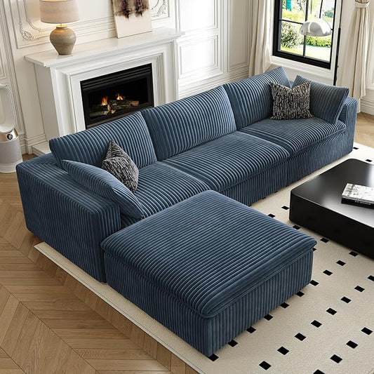 118" Cloud Couch Modular Sectional Sofa for Living Room,Modern Sofa with Deep Seat，L-Shape Boneless Couch with Ottoman,Comfy Upholstered Corduroy Couches for Apartment, Studio, Office,Bedroom，Blue