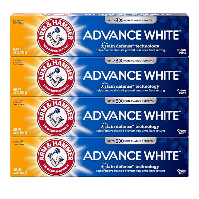 ARM & HAMMER Advance White Toothpaste, Teeth Whitening Baking Soda Toothpaste with Stain Defense Technology and Fluoride, Clean Mint Flavor, 6.0 Oz (4 Pack)