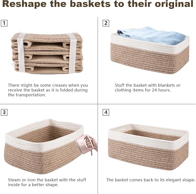 3 Pack Small Storage Baskets for Organizing, Cute Woven Decorative Gift Baskets for Shelves, Mini Closet Organizer Bins with Handles-13''Lx8.66''Wx5.11''H-Brown and White