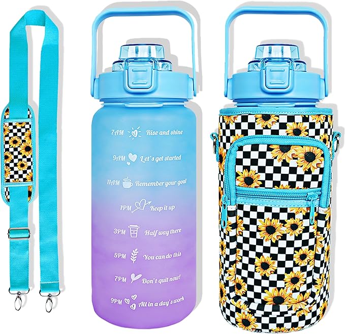 64 oz Water Bottle with Straw Sleeve & Strap Motivational Half Gallon Water Jug with Handle for Gym Women Men Aesthetic Water Bottle with Strap Sunflower