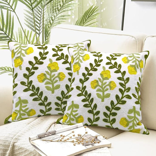 Alysheer Floral Embroidered Summer Decorative Throw Pillow Cover 18"x 18" Set of 2, Farmhouse Cottage Yellow Flower Green Leaves Patterned Cotton Cushion Case for Couch Bed Living Room Outdoor Decor