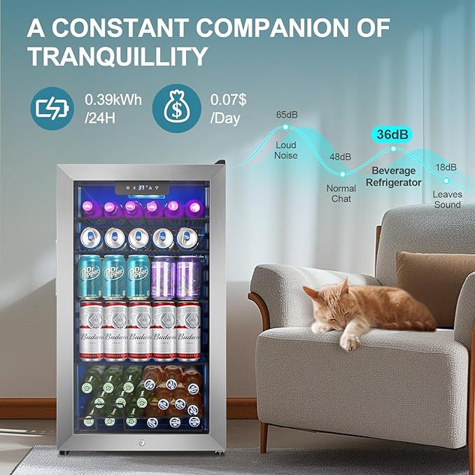 Beverage Refrigerator Cooler, 128 Cans Mini Fridge Glass Door for Drink Beer Soda Wine, 3.2 Cu.Ft Small Fridge for Kitchen Bedroom Office Bar, with 4 Adjustable Removable Shelves, Stainless Steel