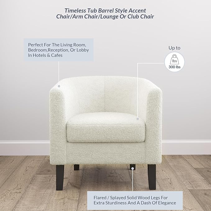 BELLEZE Accent Barrel Chair, Linen Round Chair Club Tub Sofa Corner Chair with Flared Legs and Cozy Soft Padding for Living Room Bedroom Waiting Room - Teddy White