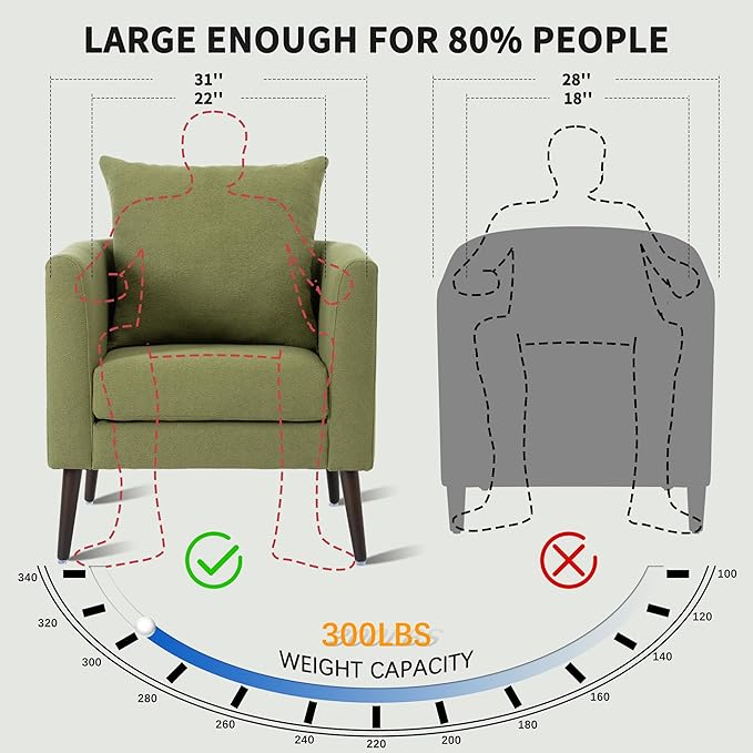 Barrel Accent Chair with Back Pillow, Large Upholstered Armchair with Solid Wood Legs Modern Reading Chairs for Living Room Bedroom