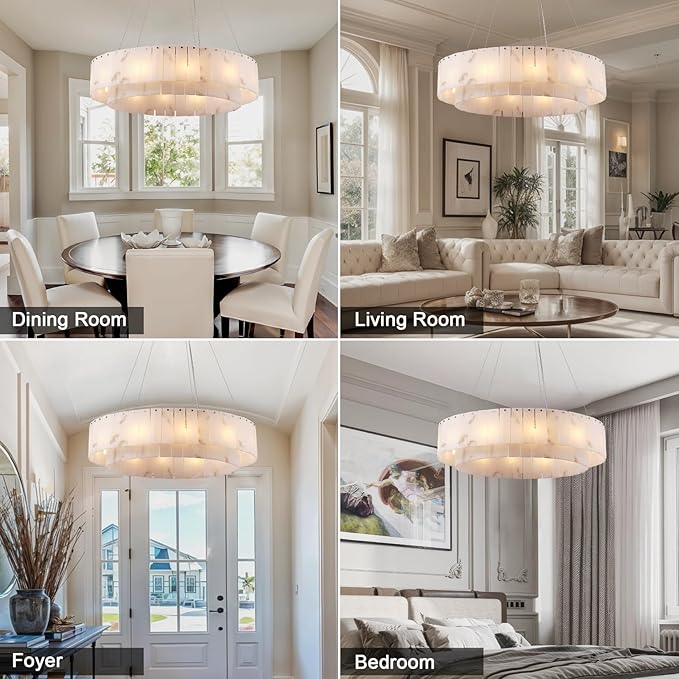 Alabaster Round Chandelier, D31in Modern Dining Room Chandeliers, Marble Pendant Lights Kitchen Island, Drum Chandelier for Dining Room Light Fixture, Living Room, Bedroom Lights, Foyer, Kitchen