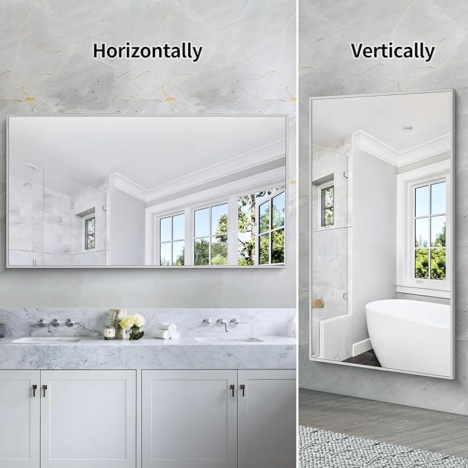 30x55In Silver Bathroom Mirror for Wall, Brushed Nickel Rectangle Mirrors with Metal Frame, Bathroom Rectangular Mirror Modern Wall Mirror for Bedroom Living Room, Hangs Horizontal or Vertical