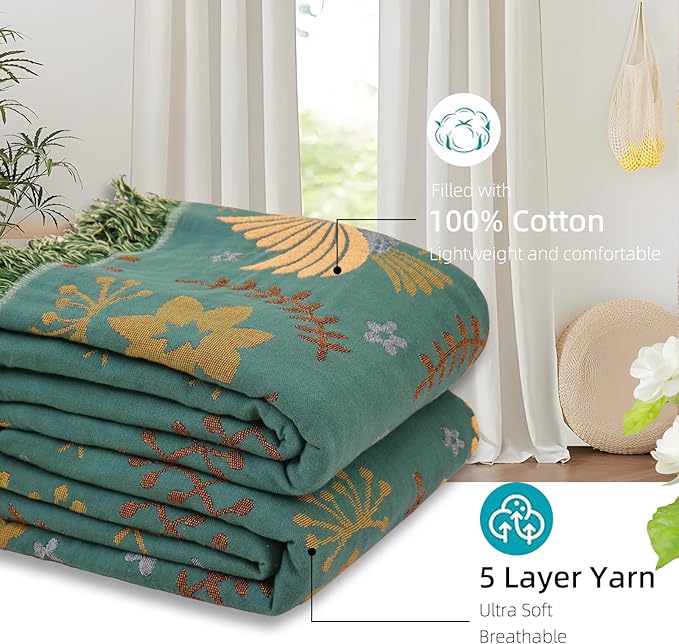 Boho Throw Blanket for Bed, 100% Pure Cotton Ultra Soft Rustic Quilt, Farmhouse Decor Bed Blankets, All Season Rustic Throw for Sofa Couch Chair(80''x 90'', Bird A)