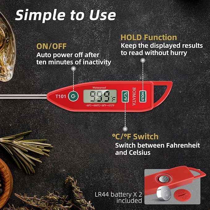 BOMATA Waterproof IPX7 Thermometer for Water, Liquid, Candle and Cooking. Instant Read Food Thermometer with Long Probe for Cooking, Meat, BBQ! T101 (Red Color)…