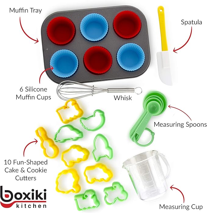 Boxiki Kitchen 24 PCS Kids Baking Set Includes 1 Muffin Pan, 6 Silicone Cupcake Liners, 10 Cookie Cutters, Spatula, Egg Whisk, Mini Measuring Cup and 4 Measuring Spoons.